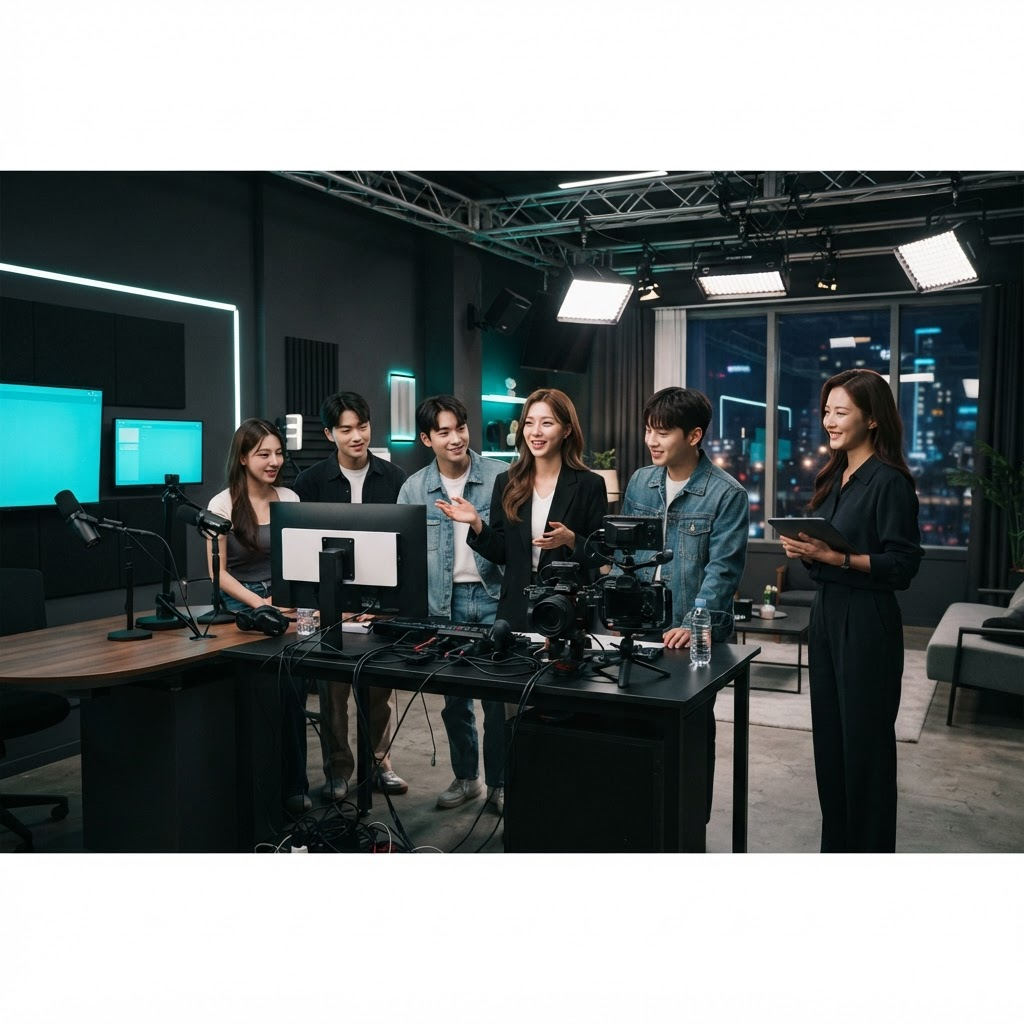방송을 준비하는 우아엔터테인먼트 크리에이터와 매니저